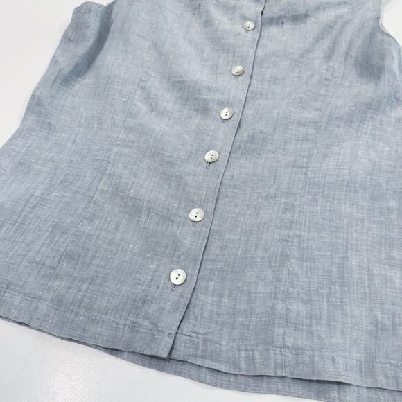 Vintage 90s Square Neck Tank Top Size 40 Large Blue 100% Linen Back Button Close - Picture 8 of 16